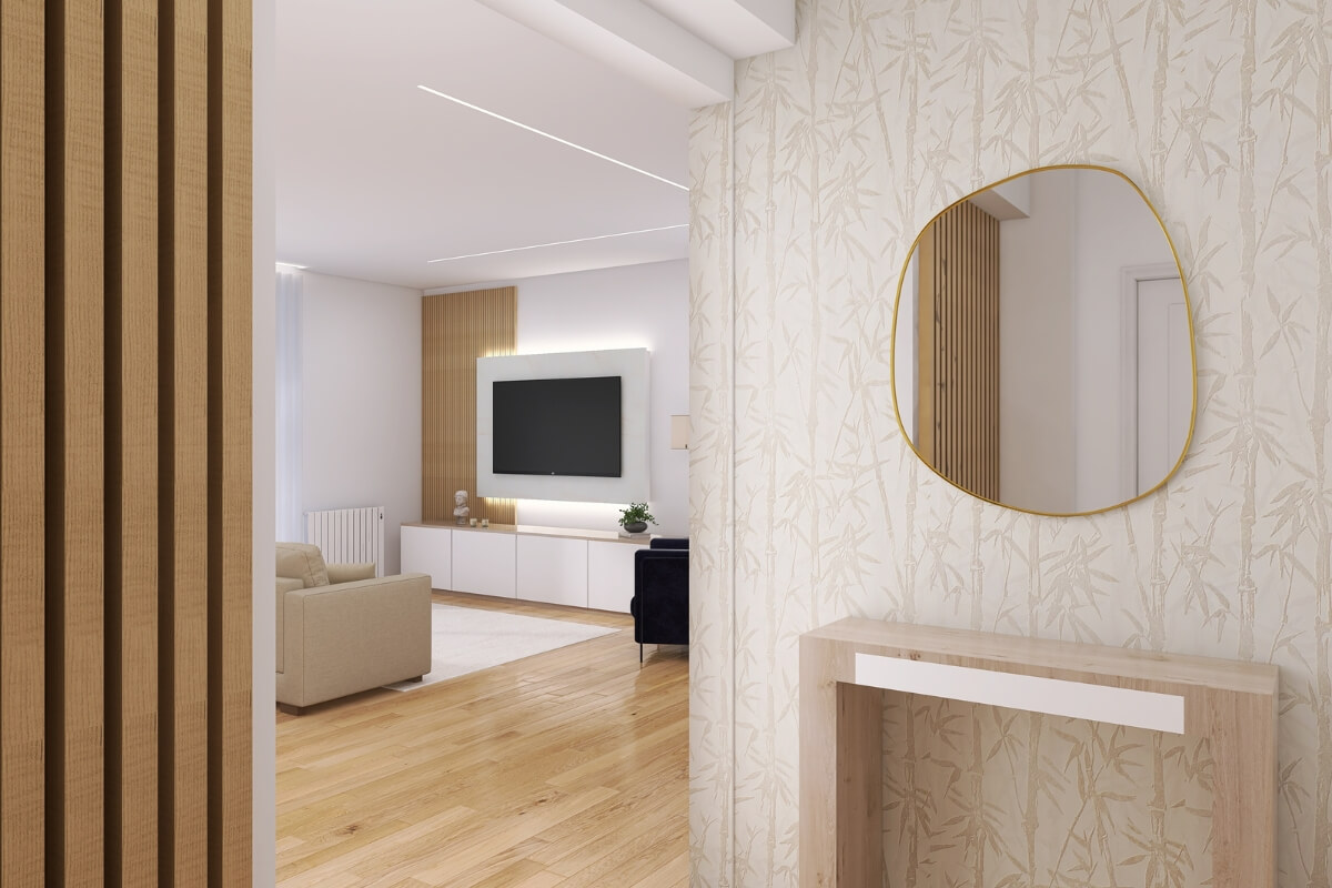 Vista de hall entrada e sala com decoração à medida